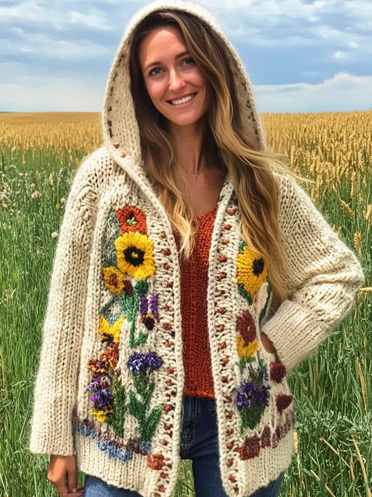 Rustic Knit Floral Women's Hooded Cardigan