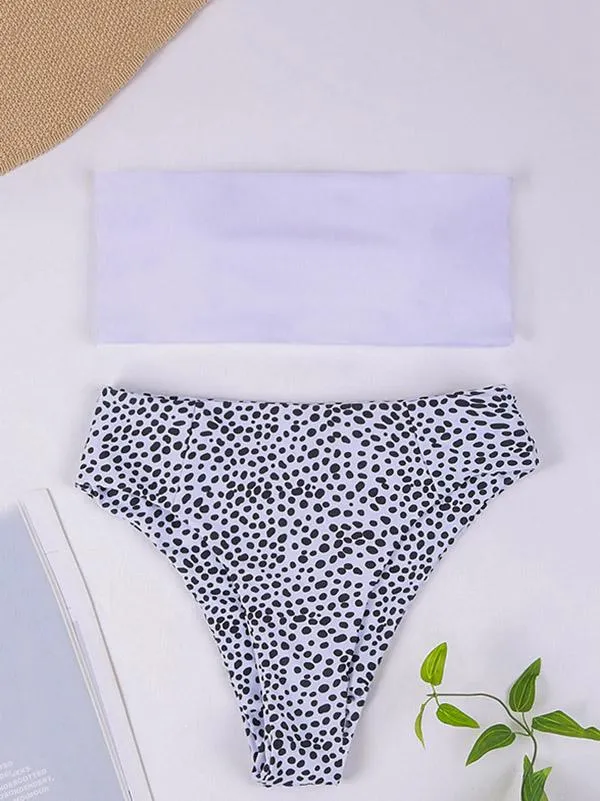 Polka-Dot Print Split-Joint Bandeau Split Bikini Swimsuit