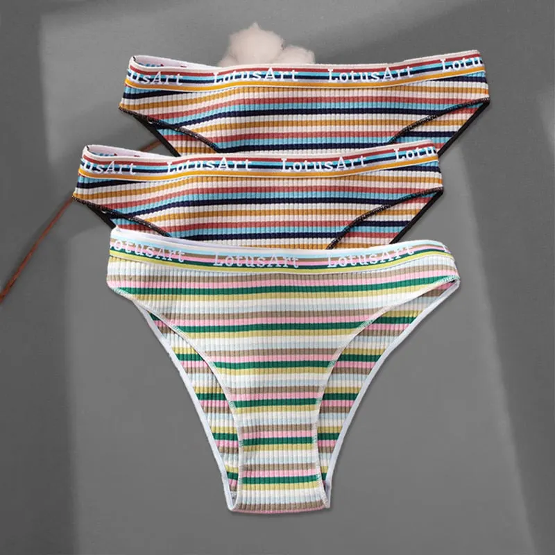 FINETOO 3Pcs/set Colorful Stripes Panties Women's Cotton Briefs M-XL Low-Rise Rainbow Underwear Ladies Underpants Girls Panties