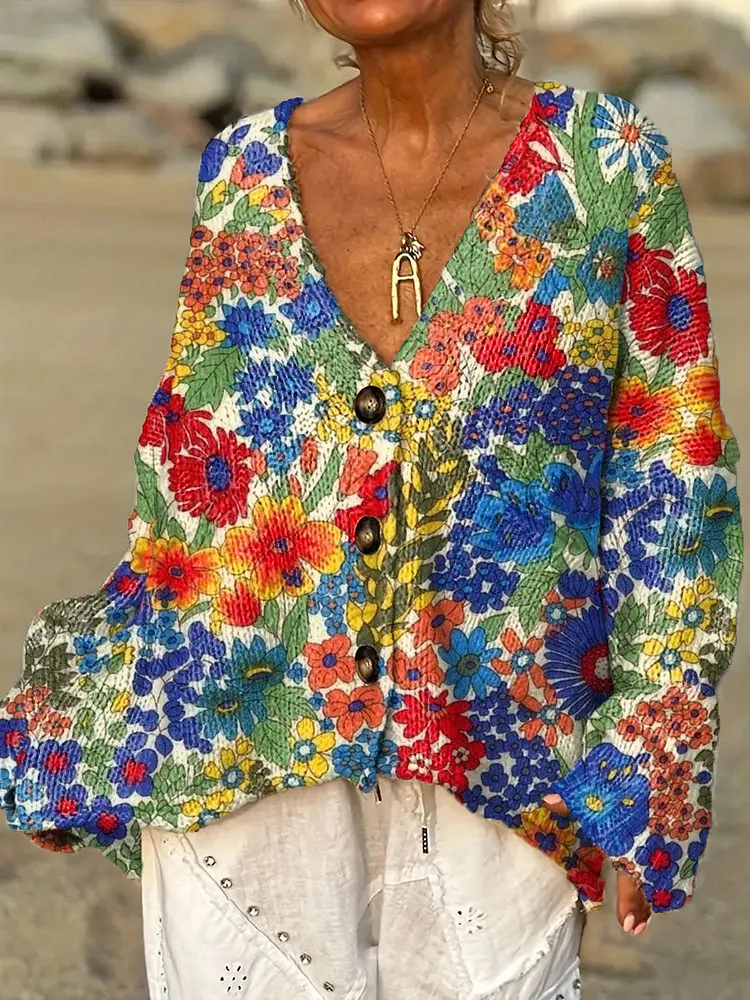 Women's Vintage Floral Pattern Art Print Casual Pullover Sweater