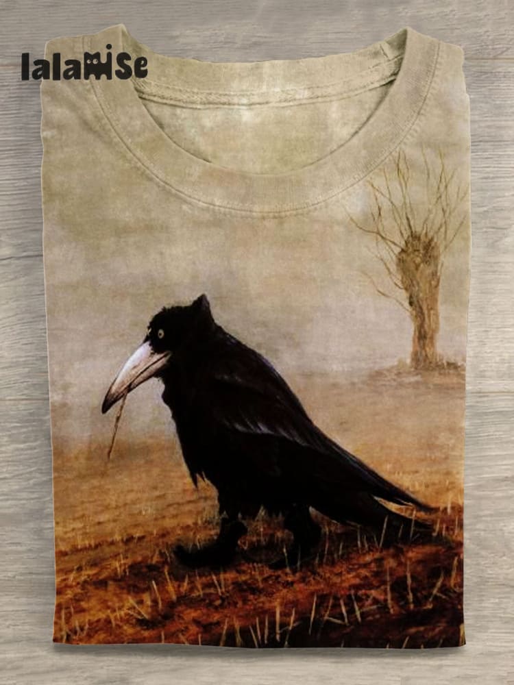 Funny Vintage Crow Art Print T - Shirt Multicolor / S
