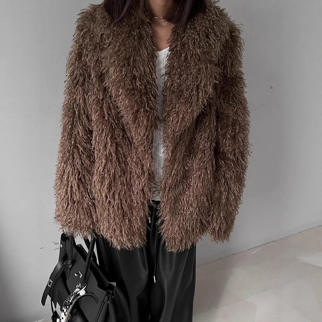 Athvotar Athvotar New Soft Horse Hair V-Neck Hollow Open Shirt Femininity Lazy Wind Buckle Lantern Sleeve Sweater Coat