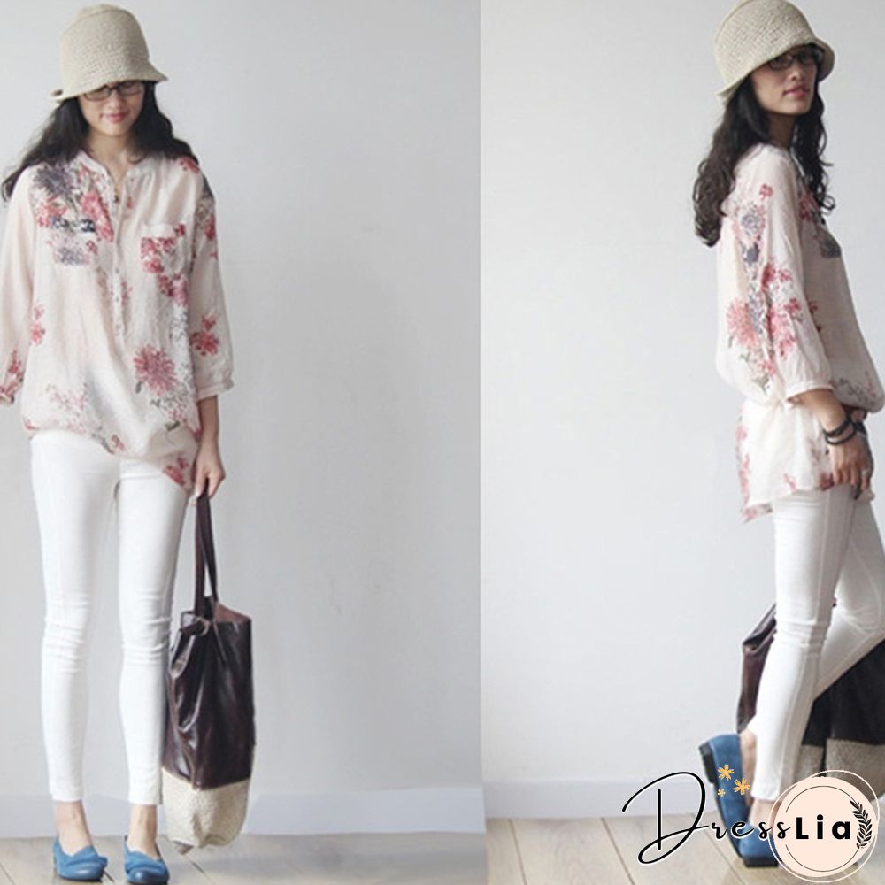 Vintage Women Floral Printed Casual Loose Tops Shirt Tunic Dress
