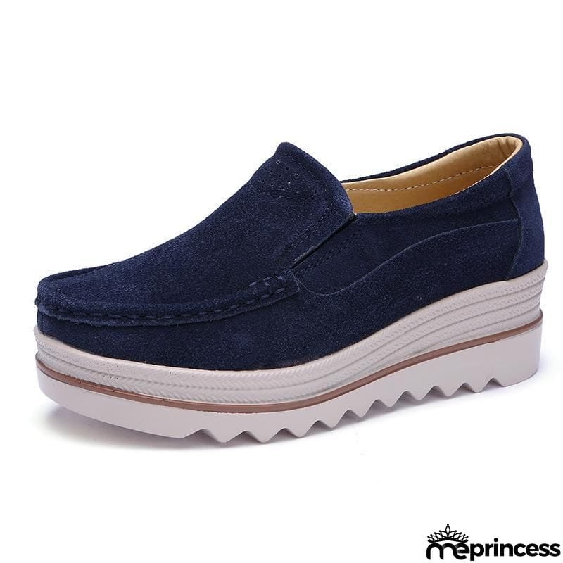 Women's Breathable Suede Round Toe Slip On Platform Shoes
