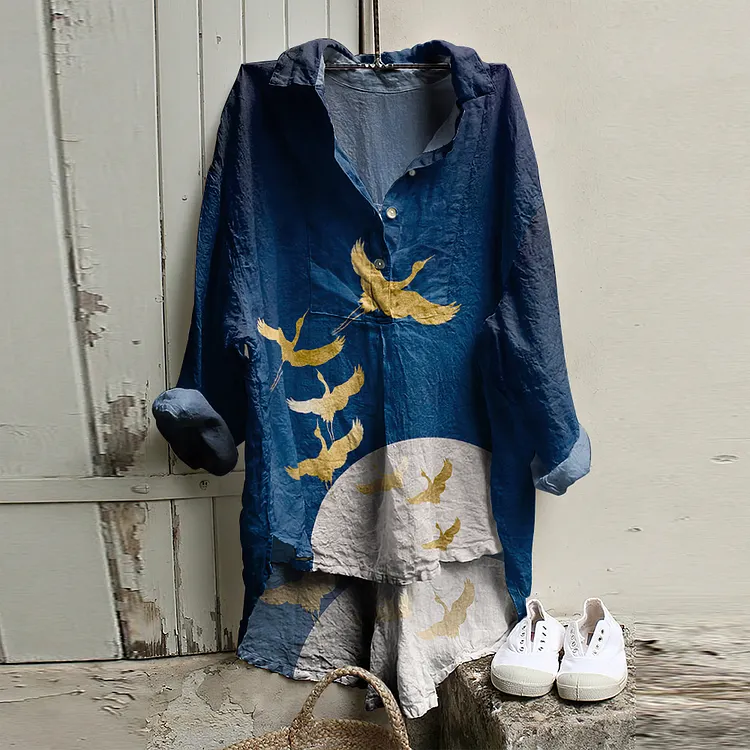 Vintage Crane Art Cotton And Linen Button V-Neck Casual Shirt