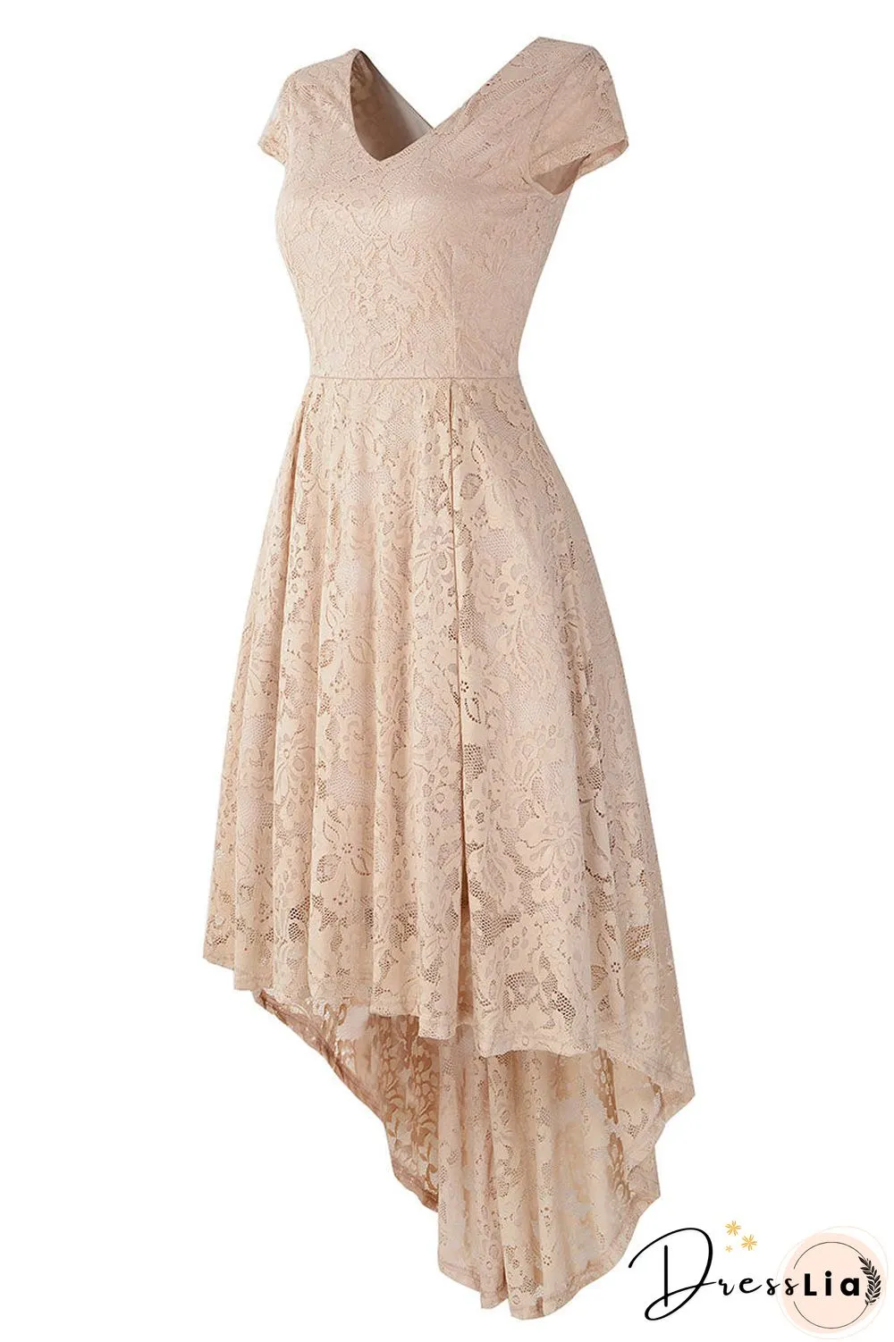 Champagne V Neck Cap Sleeve Lace Prom Dress