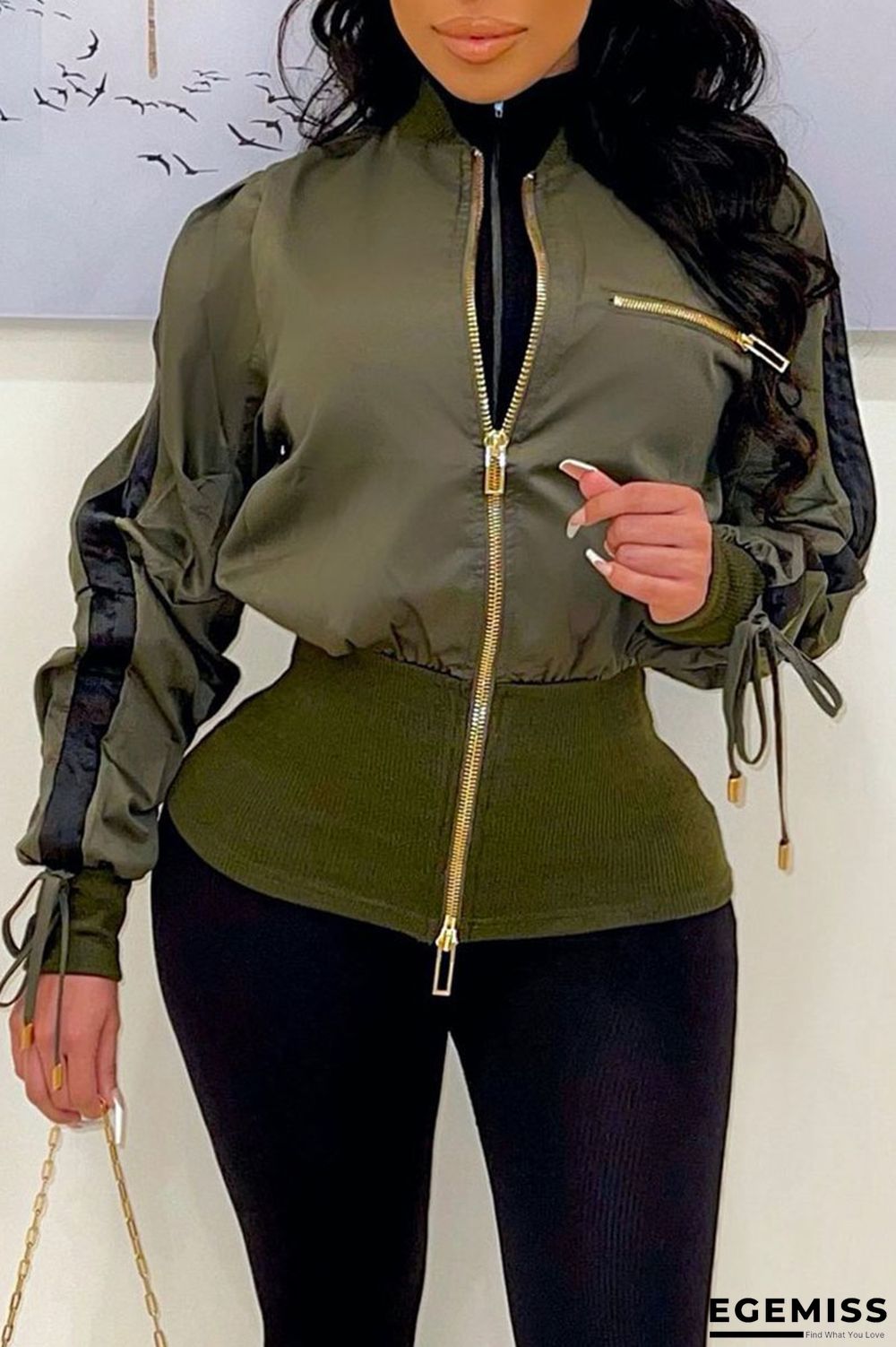 Army Green Street Solid Patchwork Zipper Zipper Collar Outerwear | EGEMISS
