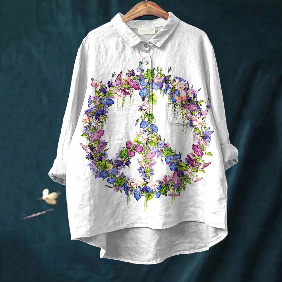 Women's Vintage Peace And Love Flower Butterfly Art Hippie Vibe Print Casual Cotton And Linen Shirt artswardrobe