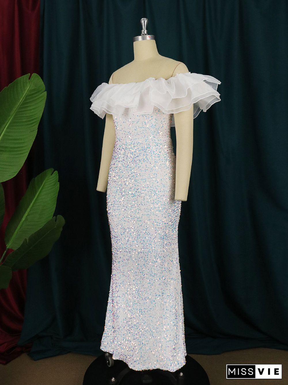 White Sequin Dresses Off Shoulder Ruffles Sparkly Velvet Dress Classy Spring Summer Party Evening Celebrity Event Outfits 3XL