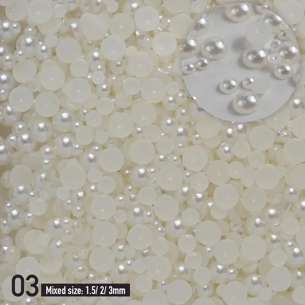 Mixed sizes(1.5~3mm) Imitation Pearls White ABS Beige Half Pearls 3d Nail Beads Rhinestone Decoration DIY Nail art