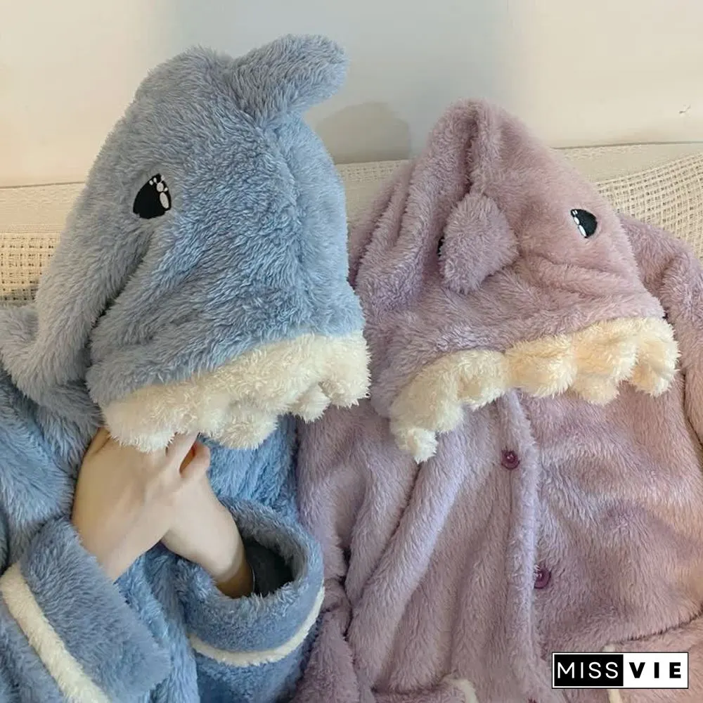 Lovely Cartoon Shark Plush Hooded Pajamas Set