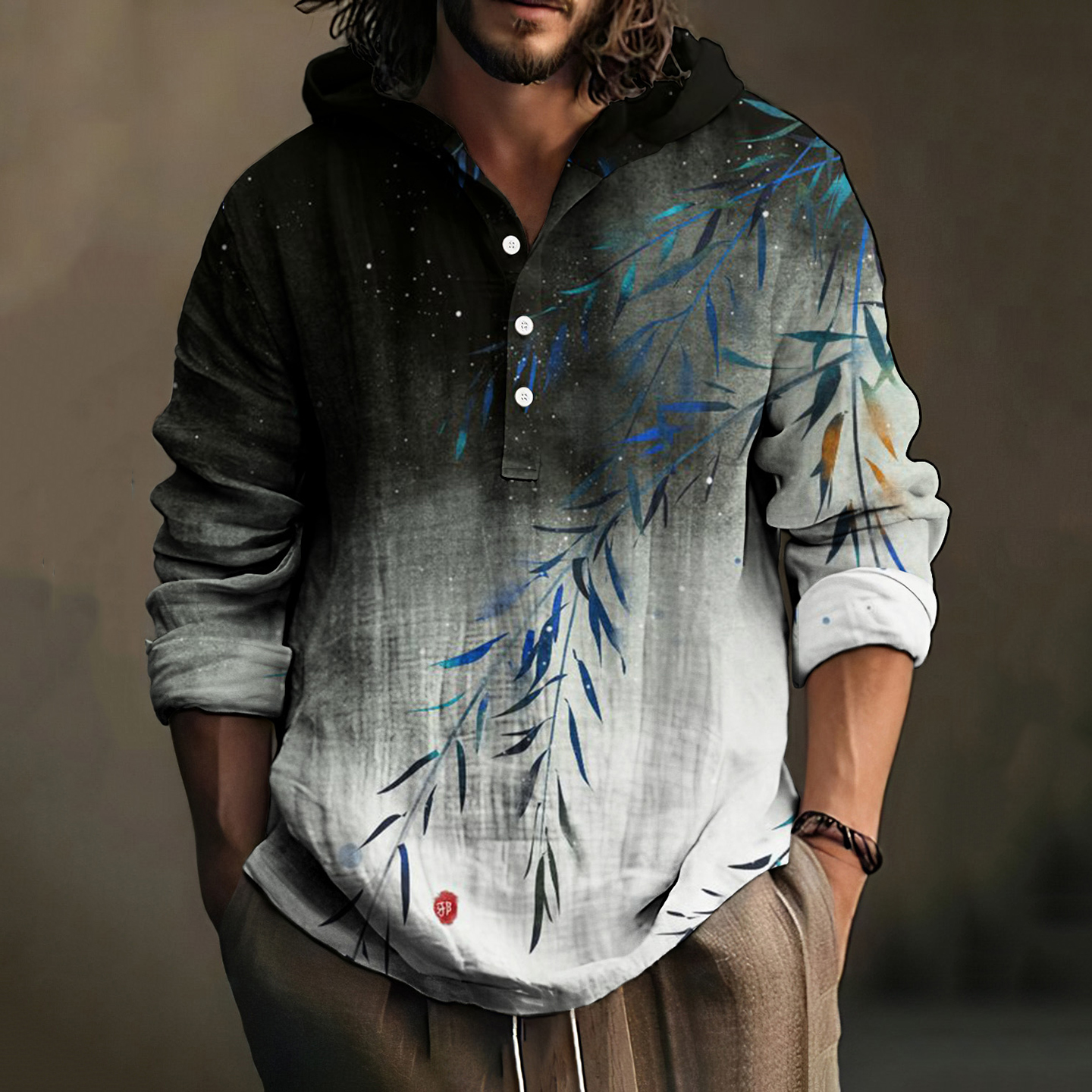 Men's Japanese Bamboo Art Casual Hooded Shirt