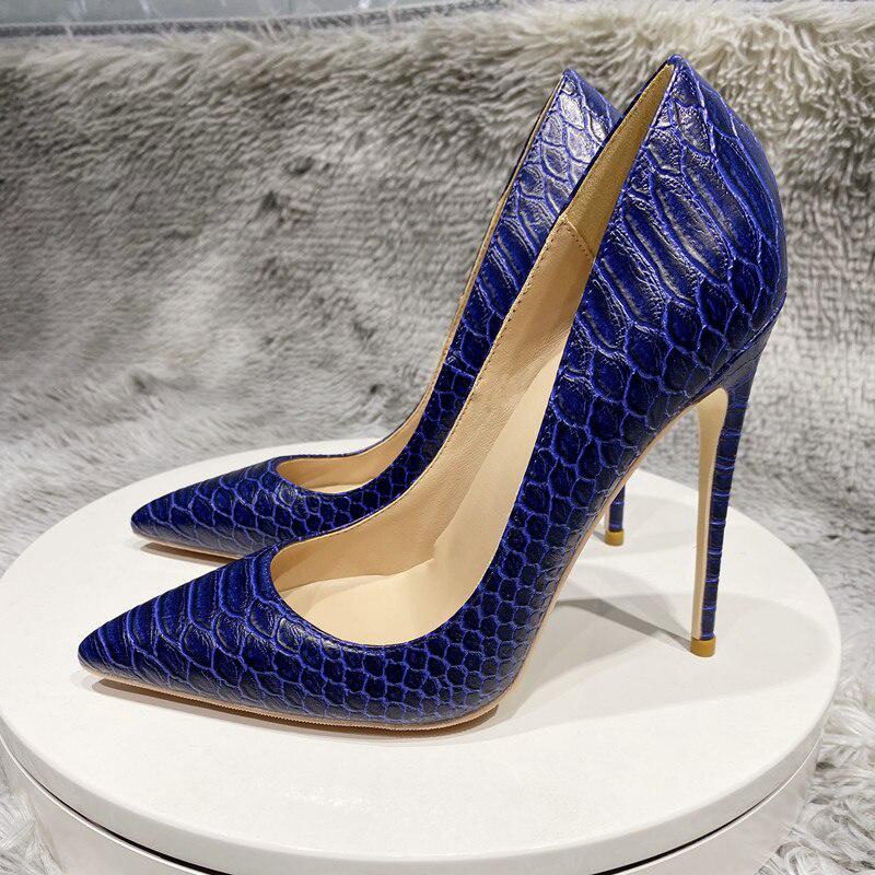 GOOSHOE 12cm High Heel Stiletto Navy Blue Effect Pattern Women Pointy Toe Shoes Stiletto Pumps