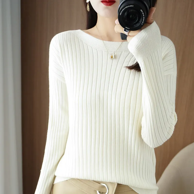 Churchf Churchf Round Collar Knit Women's Thin Early Spring And Autumn With A Sweater Long-Sleeve T-Shirt Wool Undershirt Loose.