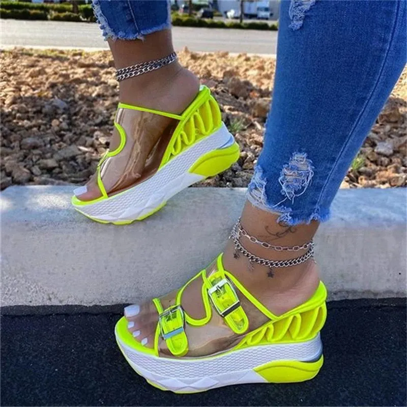 2021 Summer Woman Sandals Female Wedge Belt Buckle Transparent High Heel Large Size Shoes Platform Waterprooof Fashion Slipper