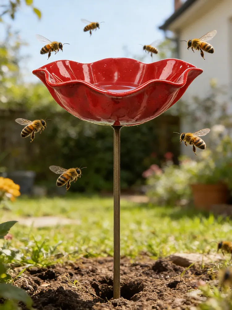 Bee Watering Station with Flower Design Bee Bath for Garden Decorative Metal Flower Garden Stake for Outdoor Yard Patio Decoration