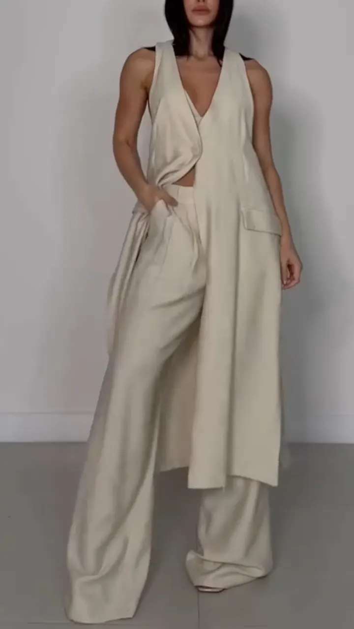 Beige Asymmetric Long Waistcoat Wide Leg Pants 3-Piece Set