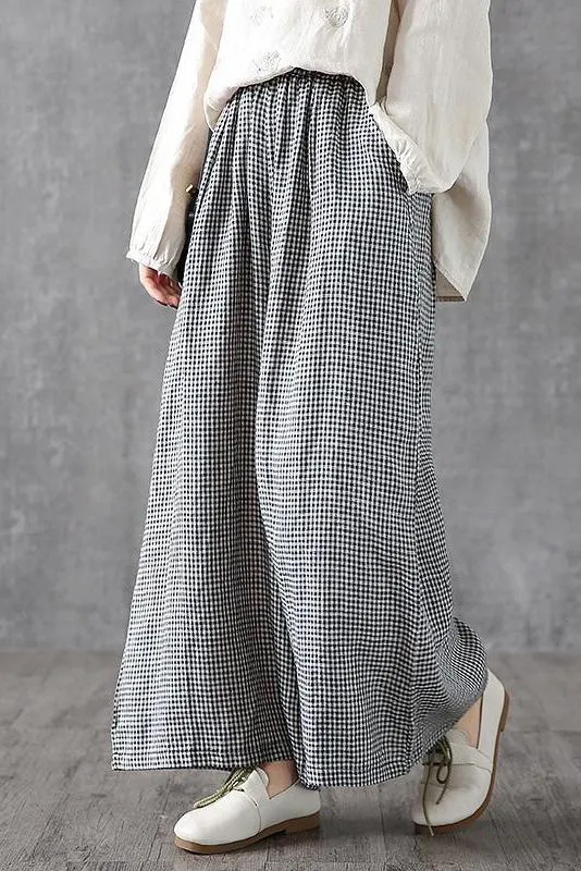 Plus Size- lotstrends Hand-Made Plaid Linen  Wide Leg Pants