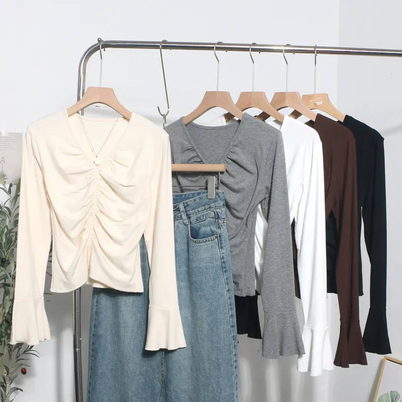 Churchf Real Shooting 2024 Autumn Dress Sexy V-Neck Folded Open Fork Short High-Waisted T-Shirt Horn Long Sleeve Bottom Top 161