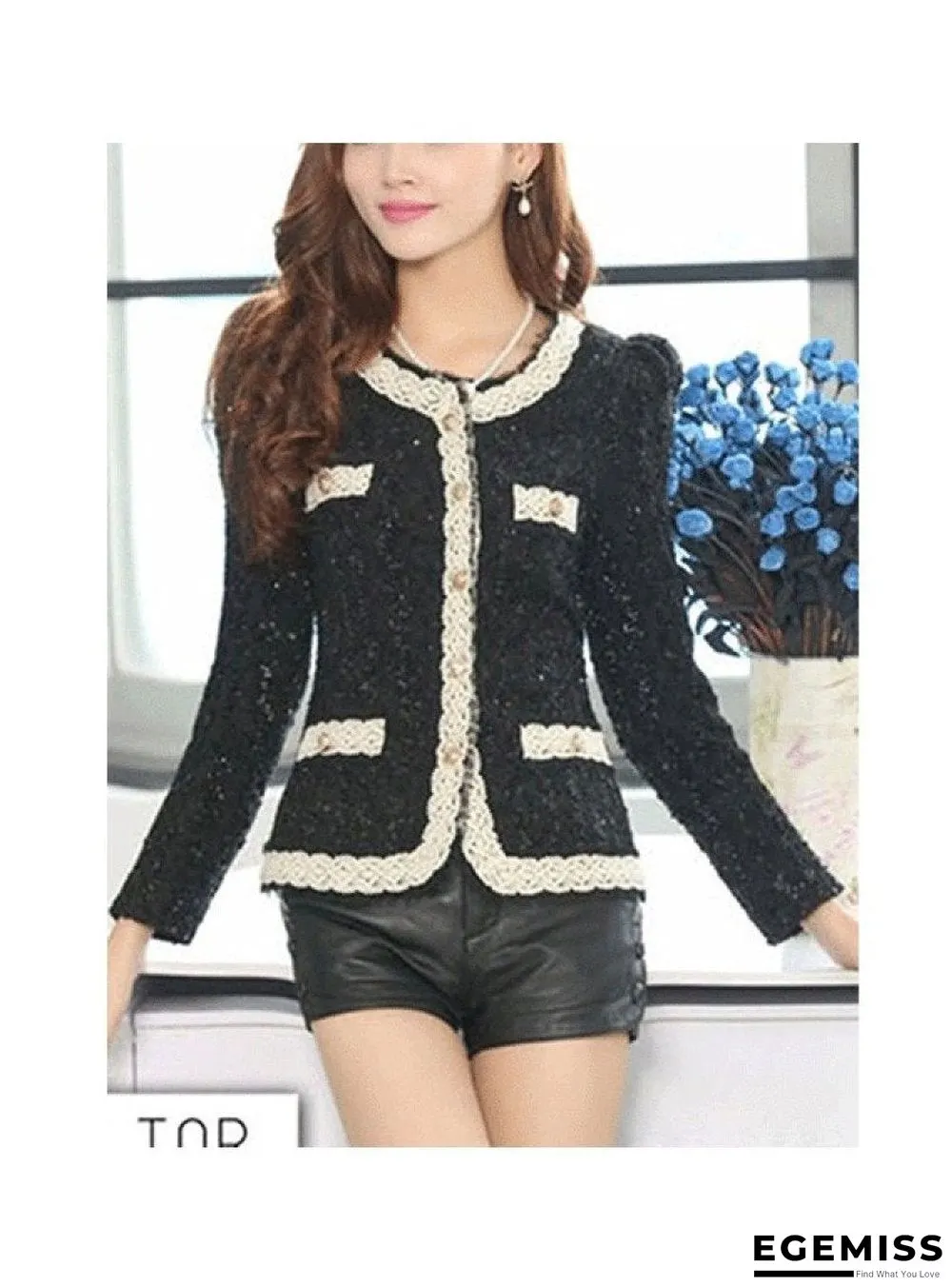 Collarless Contrast Trim Decorative Lace Single Breasted Plain Blazers | EGEMISS