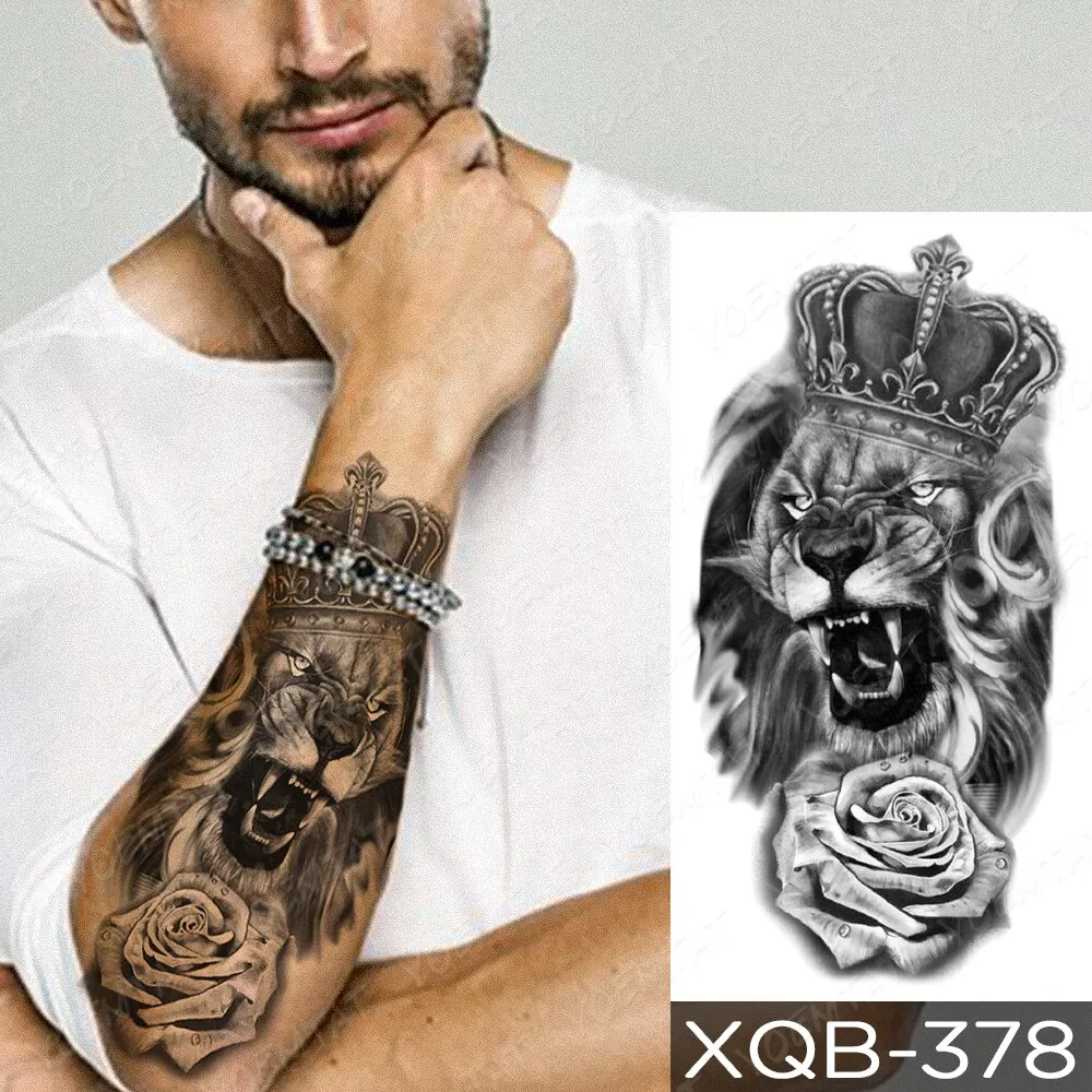 Sdrawing Temporary Tattoo Stickers Fox Lion Tiger Wolf Peony Rose Flowers Leaf Flash Tatto Women Men Body Art Arm Fake Tattoos