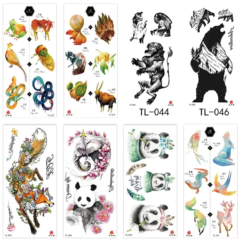 1~8 pieces of animal plants wolf bear bird art tattoo stickers disposable waterproof temporary tattoo stickers for men and women