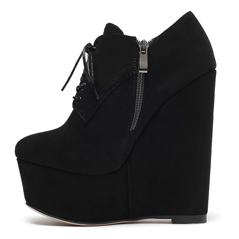 Black Faux Suede Lace-Up Side-Zip Platform Shoes with Wedge Heels
