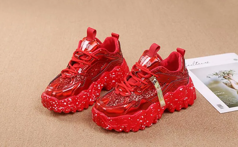 Fashion Women Shoes Dad Chunky Sneakers Women Luxury Comfortable Glossy Thick Sole Ladies Platform Wave Bottom Trainers Female