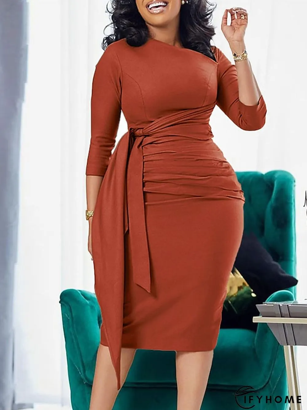 Women's Work Dress Sheath Dress Semi Formal Dress Fashion Midi Dress Lace up Ruched V Neck Long Sleeve Plain Regular Fit Black Pink Red Spring Summer S M L XL XXL | IFYHOME