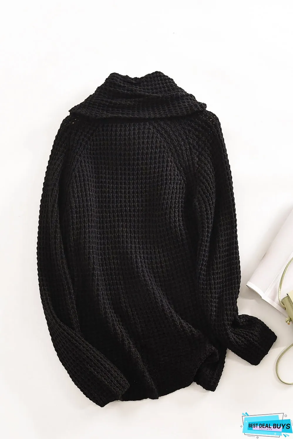 Black Buttoned Wrap Turtleneck Sweater