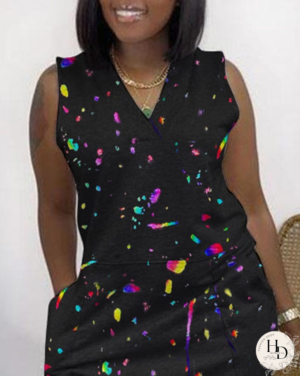 Ink Splashed Floral Printed Sleeveless Pocket Design V-Neck Jumpsuit