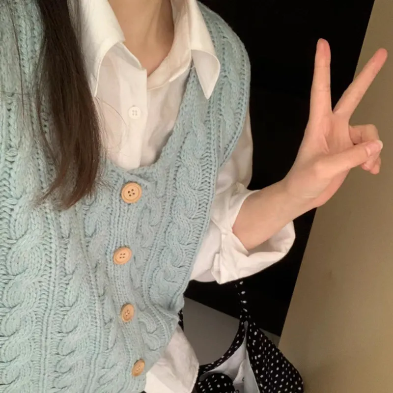 Churchf Churchf Short Fold Wear Single Breasted Sweater Cardigan Vest Retro Twist Round Neck Thick Line Knit Vest Woman