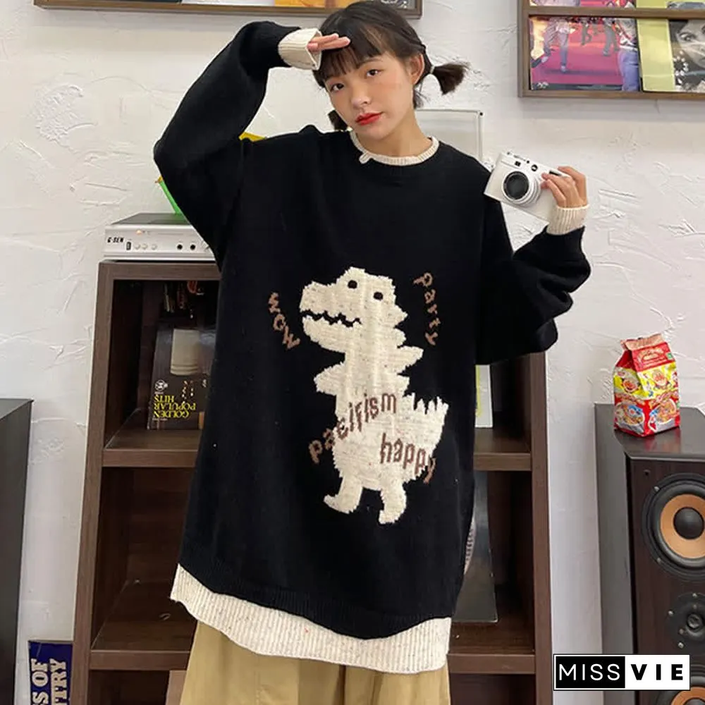 Cartoon Dinosaur Letter Print Colorblock Knit Sweater