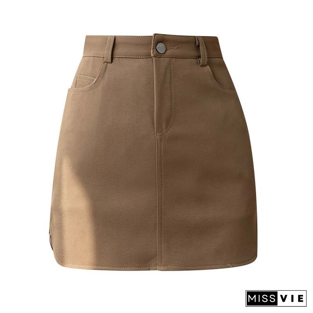 Vintage Pure Color Pocket A-line Skirt