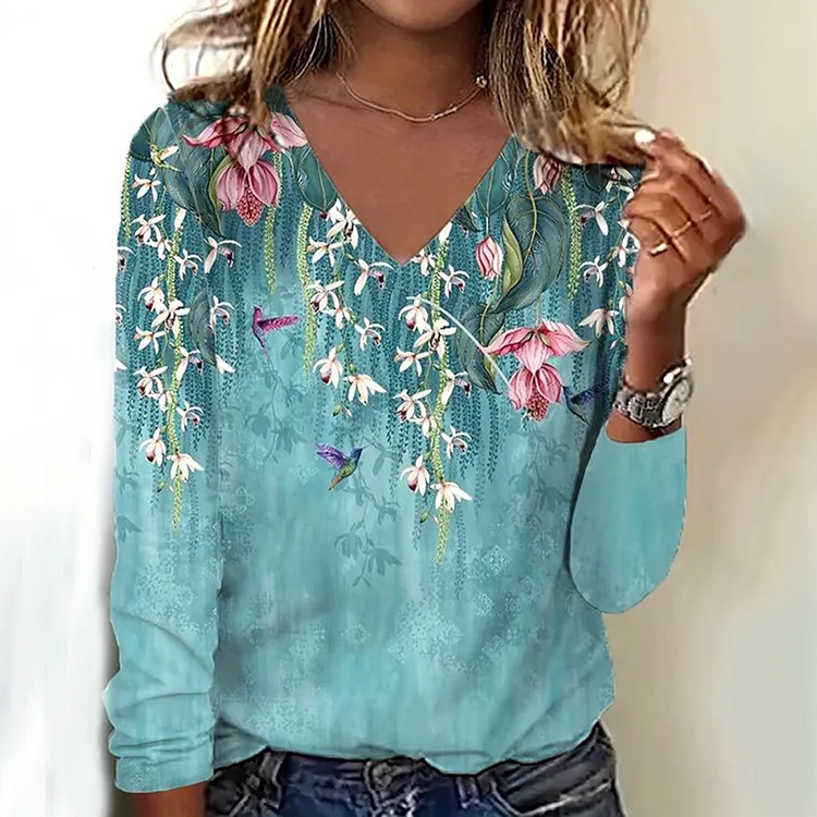 Women Vintage Floral Art Comfy V Neck T-Shirt