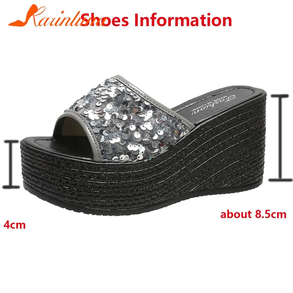 Breakj Wedge High Heeled Women Sandals New Arrived 2023 Bling Sequin Lady Slipper Peep Toe Comfort Walk Causal Sandals Plus Size