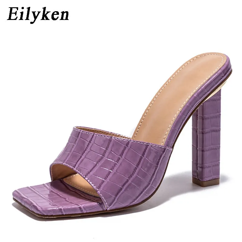 Eilyken Fashion Purple Snake Print Patent Leather Slides Women High Heels Mules Ladies Prom Slippers Square Toe Sandals Shoes