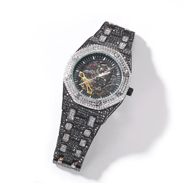 Iced Out Hollow Bottom Round Pointer Watches Hip Hop For Men