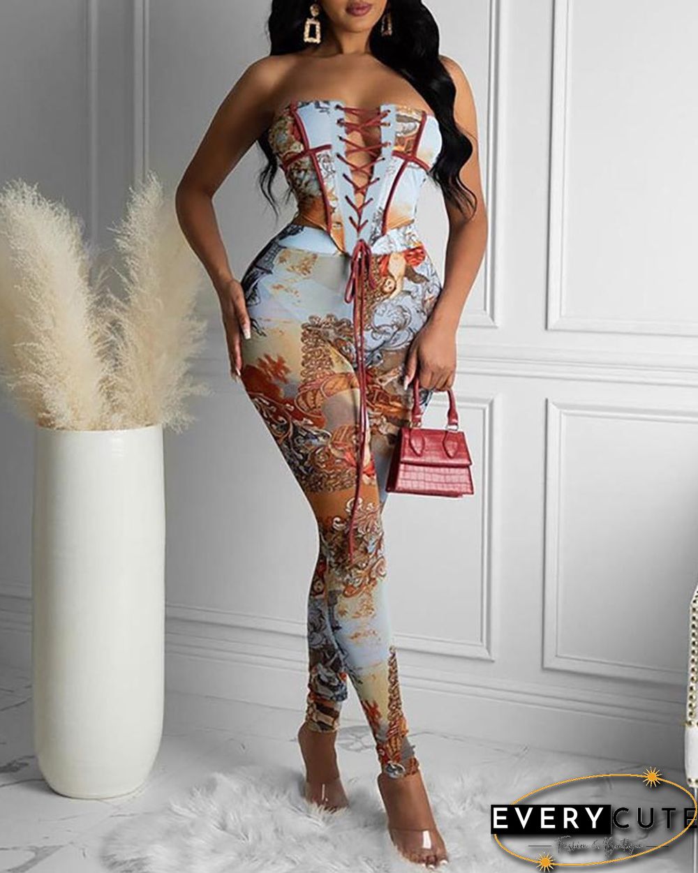 Graphic Print Eyelet Lace-up Bandeau Top & Pants Set