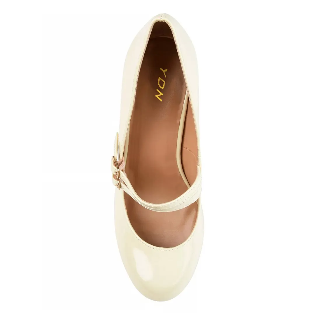 Beige Chunky Heel Round Toe Mary Jane Shoes with Double Buckle Strap