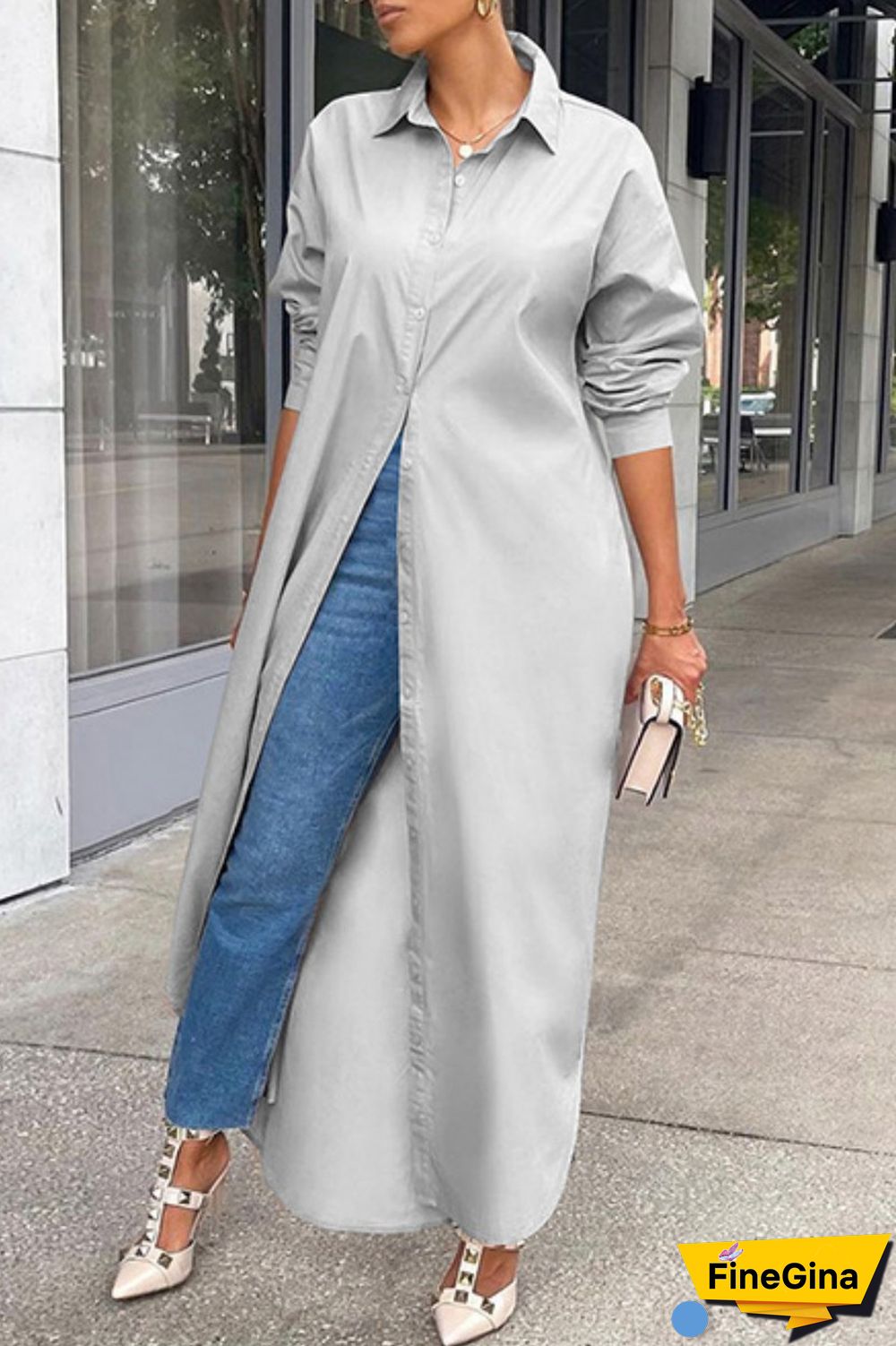Grey Casual Solid Patchwork Shirt Collar Shirt Dress Dresses