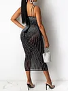 Spaghetti-Neck Beaded Decorate Bckless See-Through Sexy Slim Midi Dress