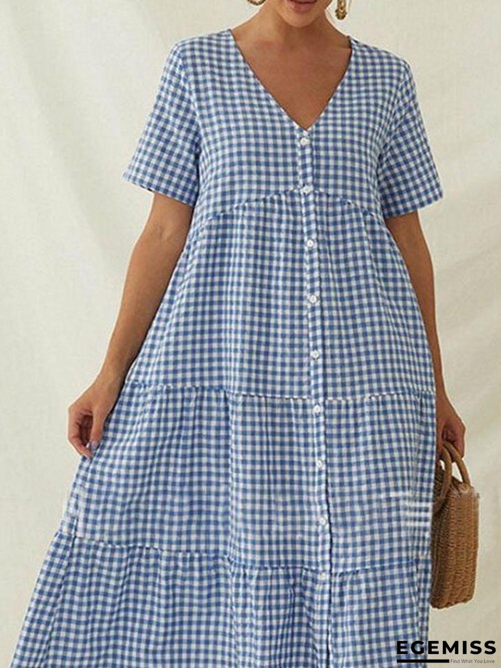 Paneled Plaid Print Buttons Down V-neck Casual Midi Dress | EGEMISS