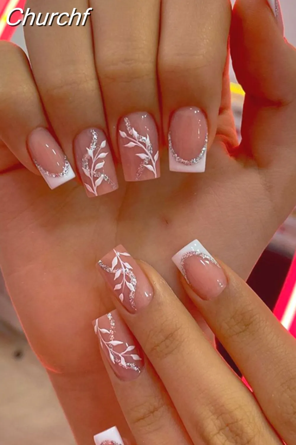 Churchf Nail Full Cover Fake Nail Pink Glitter Wearable French Short Nails Square Head False Nail Press On Nails Manicure Tool 715-1-Nail Inspo