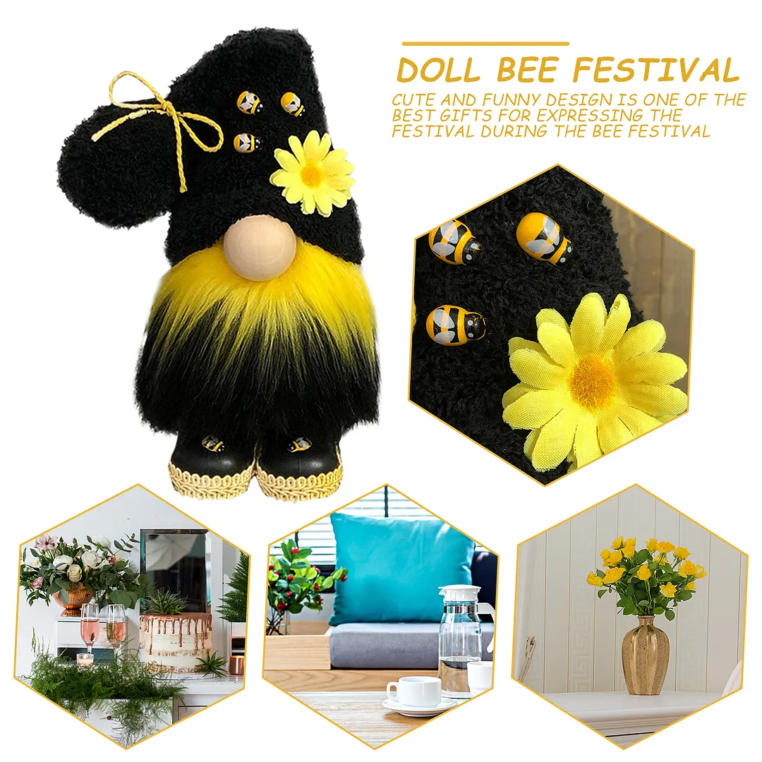 Sunflowers Gnome Bee Plush Doll, Faceless Nisse Elf Dwarf Tomte (Black)