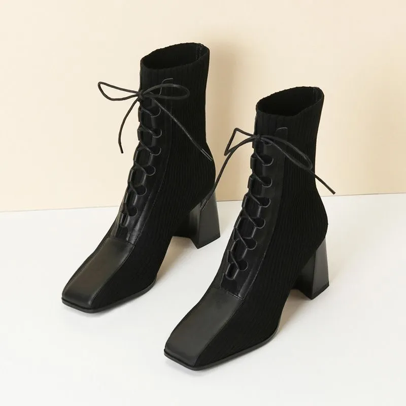 miaoguan 2021 Autumn Winter New Fashion Stitching Knitted Elastic Stockings Boots High-heeled Short Boots Women's Square Toe 39