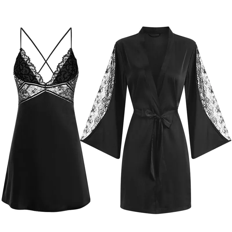 CINOON Sexy Female Sleepwear Silk Robe Set Summer Kimono Bathrobe Lace Bath Gown Wedding Night Dress Home Clothes Nightwear