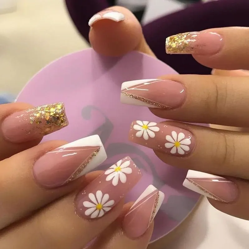 24pcs/Set Coffin Fake Nails European Star Pink Gradient Ballerina Nail Art Full Tips with Sticker Detachable False Nails-Nail Inspo