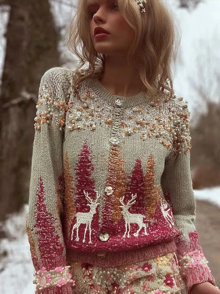 Vintage Christmas Tree Embroidered Cardigan Sweater