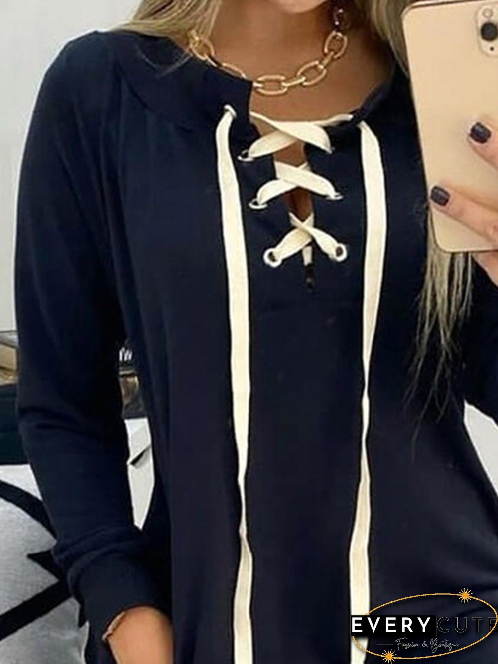 Vintage Plain Lace-up V Neck Long Sleeve Plus Size Casual Sweatshirt Knitting Dress